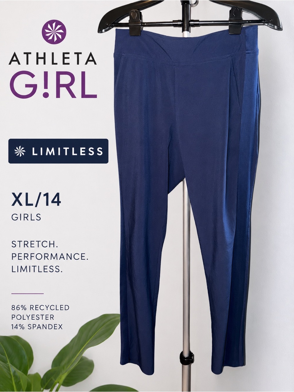 Athleta Girl Limitless Navy Pants XL/14 Stretch Pull-On Tapered 💙